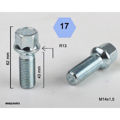 Wheel bolt M14x1.5x43 Ball seat H17 Silver R13