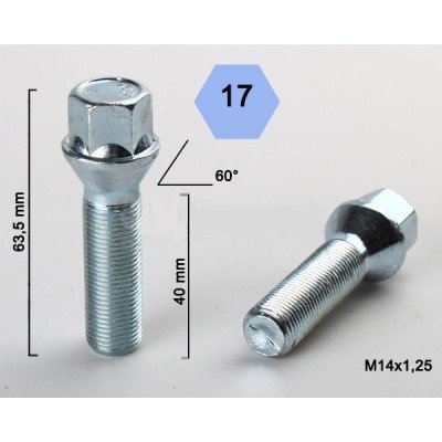 Wheel bolt M14x1.25x40 Conical H17 Silver