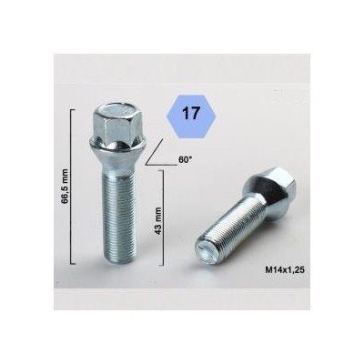 Wheel bolt M14x1.25x43 Conical H17 Silver