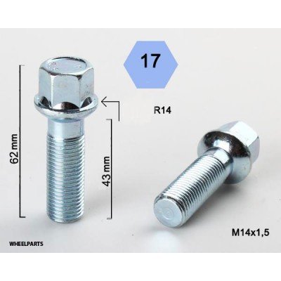 Wheel bolt M14x1.5x43 Ball seat H17 Silver R14