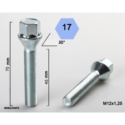 Wheel bolt M12x1.25x45 Conical H17 Silver